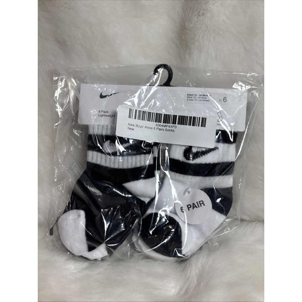 Nike Toddler 6 Pk White Black Ankle Cotton Cushion Stripe Logo Sock Set 12-24 Mo